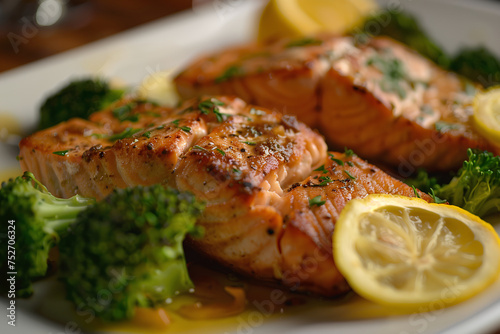 Close-up of a plate of food consisting of salmon fillets sitting on a bed of broccoli with lemons. 