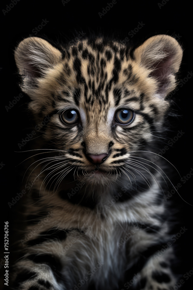 Fototapeta premium Adorable Leopard Cub on Black Background