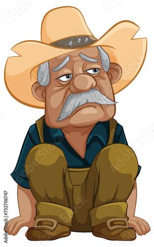 Cartoon of a pensive old cowboy sitting down.