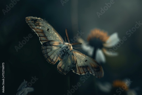 A butterfly is sitting on a flower in the dark. Generative AI. photo