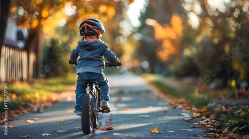 Boy Riding Bicycle on Autumn Path in Durk-Gritty Style photo