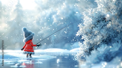 Girl Fishing in the Snow with a Rod