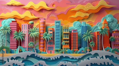 three-dimensional  of Miami beach, puffy clouds, waves, palm trees, combines the beauty with the creativity of paper cutouts photo