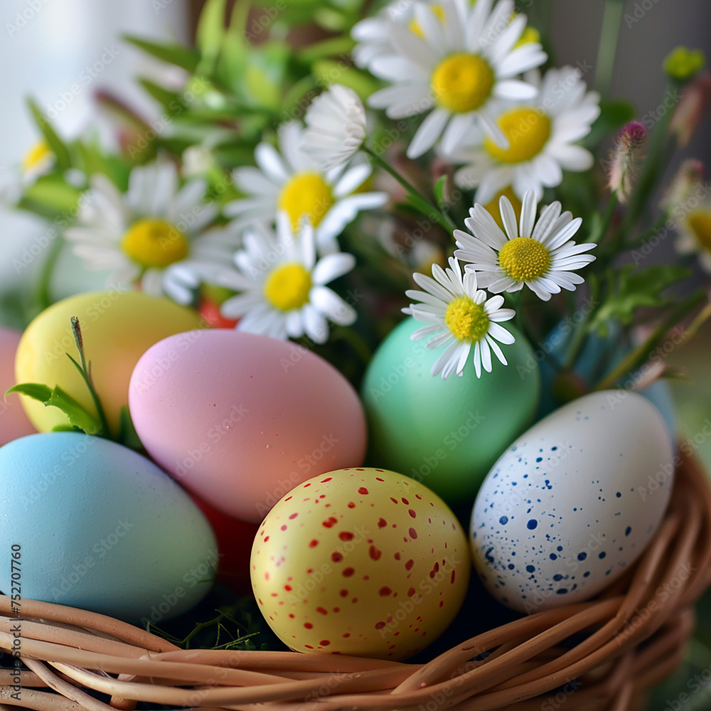 Easter eggs in basket with daisies and chamomile