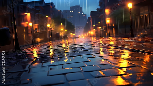 Rainy city street at night, bokeh lights background © Derby