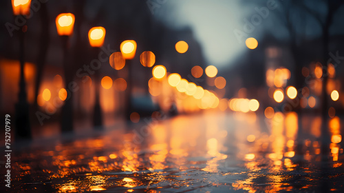 Rainy city street at night, bokeh lights background