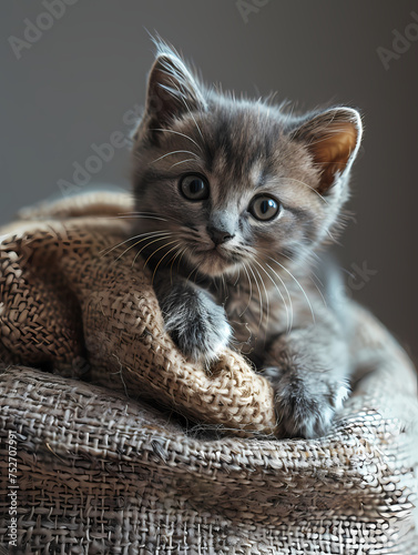 Small, tender, gray and black cat puppy playing on a cushion. The environment is a modern and cozy house.