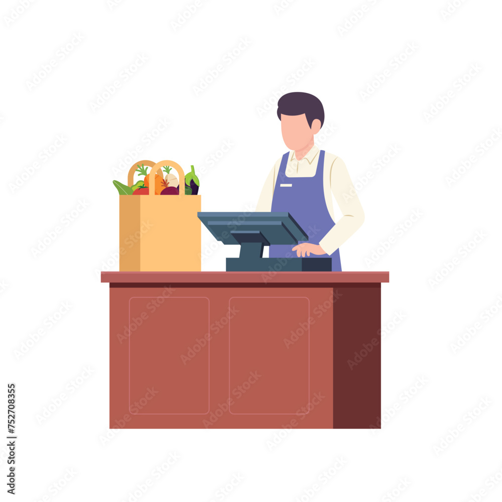 Grocery store cashier packing food into a reusable bag flat vector illustration Grocery store cashier packing food into a reusable bag flat vector illustration