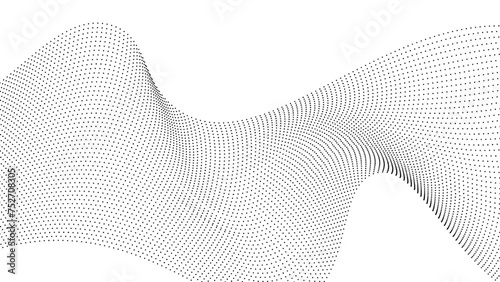 Flowing dot particles wave pattern halftone black gradient smooth curve shape isolated on transparent background. Vector in concept of technology, science, music, modern, banner, cover, poster.