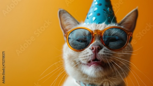 White cat wearing a blue polka dot party hat and orange sunglasses on a yellow background
