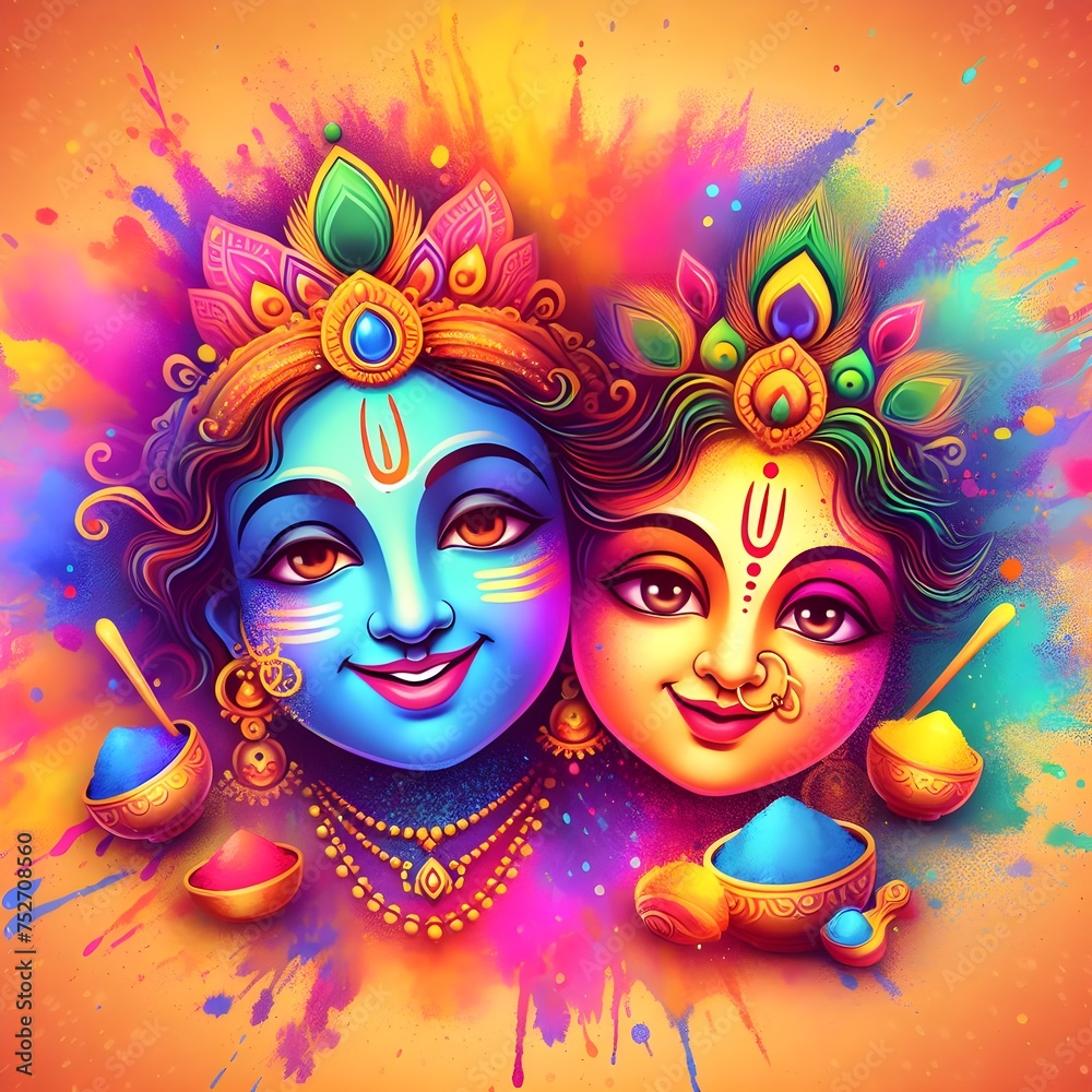 Fototapeta premium Radha Krishna smiling face illustration Colorful powder explosion for Holi festival celebration