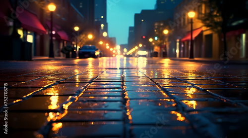 Rainy city street at night, bokeh lights background