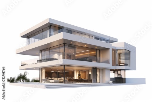 Contemporary beachfront mansion with a sleek exterior and spacious interior, offering unobstructed views of the sea from every room, on isolated white background, Generative AI