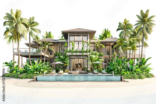 Elegant coastal retreat with a private beach access and lush tropical landscaping, on isolated white background, Generative AI © Box Milk