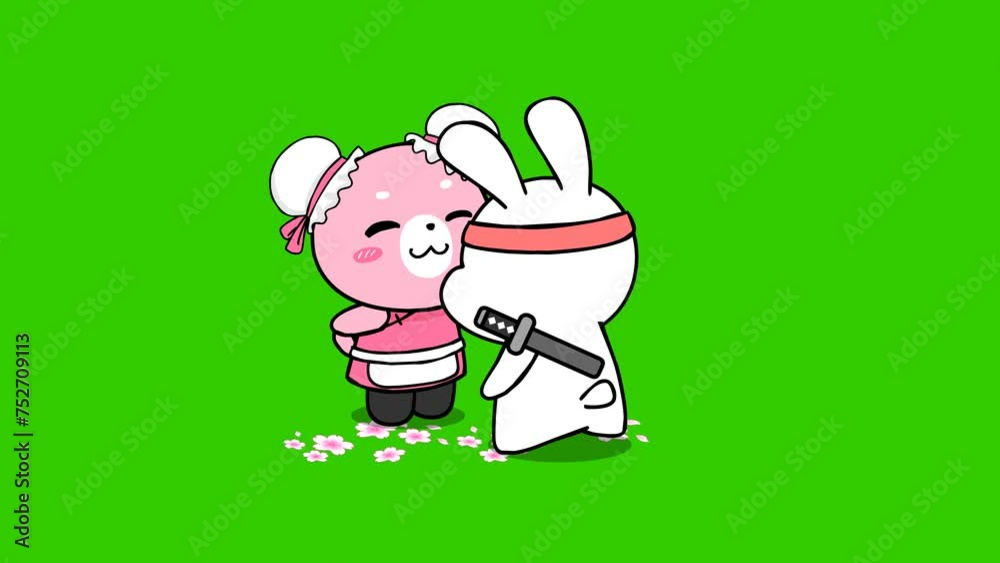 kiss and hug animation white rabbit ninja on green screen kiss and hug animation white rabbit ninja on green screen