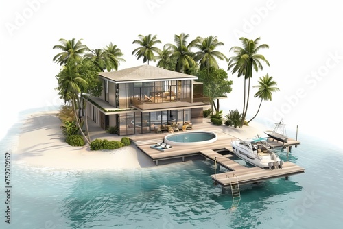 Luxury beachfront estate with a private dock and boathouse, offering direct access to the crystal-clear waters of the sea, on isolated white background, Generative AI
