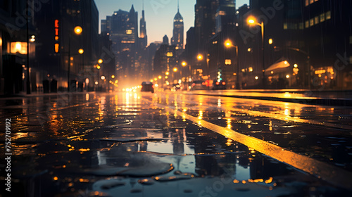 Rainy city street at night, bokeh lights background © Derby