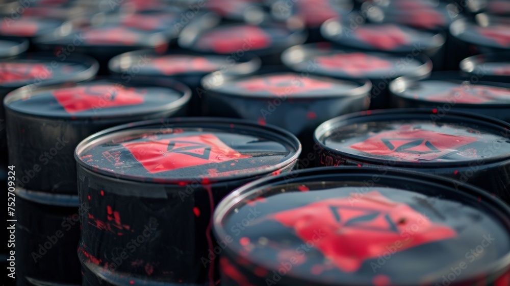 Steel drums marked with a bright red flammable symbol are stacked carefully in a designated area