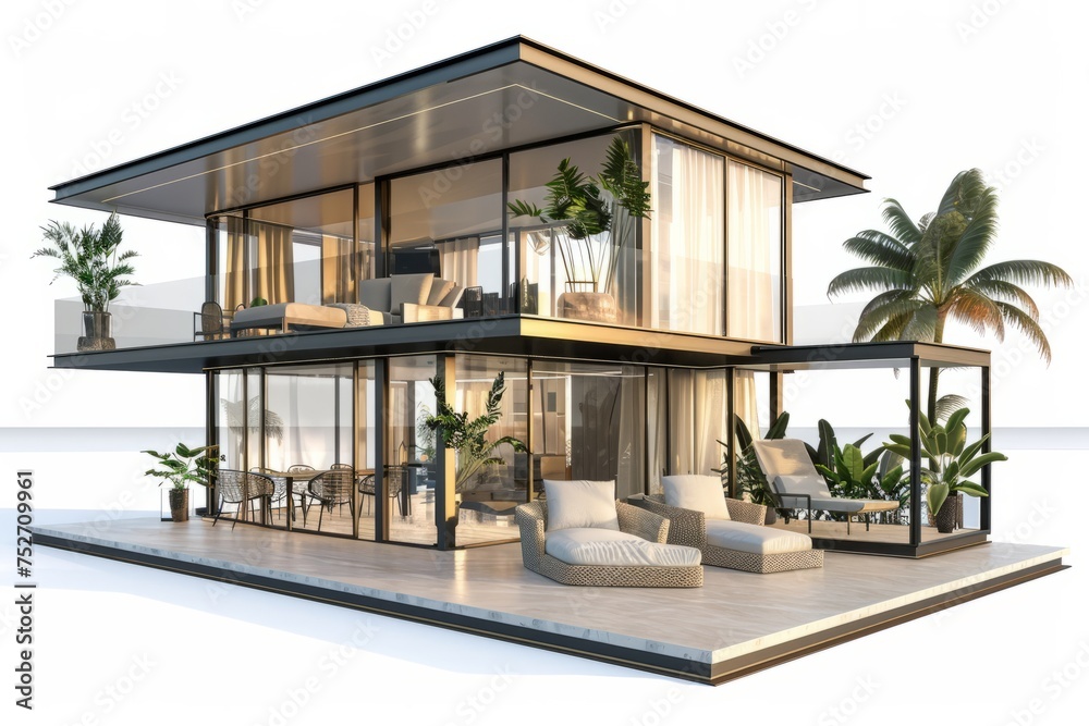 Stylish beach house with a spacious terrace and outdoor lounge area, perfect for enjoying the sunset over the ocean, on isolated white background, Generative AI