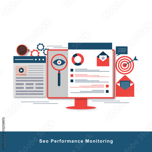 SEO analytics - Web browser window with search engine optimisation graphs, charts and diagrams showing growth and positive results. Semi flat design vector illustration 