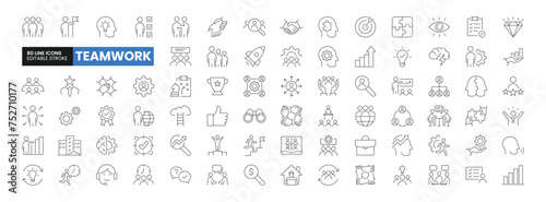 Set of 80 Teamwork line icons set. Teamwork outline icons with editable stroke collection. Includes Team, Cooperation, Vision, Motivation, Success, and More.