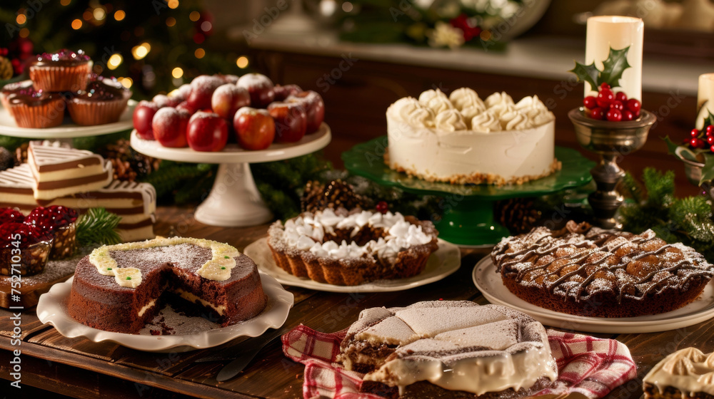 A table overflowing with indulgent desserts such as Irish cream cheesecake and traditional Irish apple cake satisfying the sweet tooth cravings of holiday revelers.