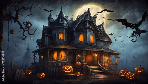 Halloween background with haunted scary house illustration