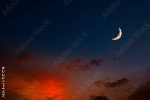 Background of half moon and starry sky and sunset Greeting card for the holy month of Ramadan of islam © Photo Sesaon