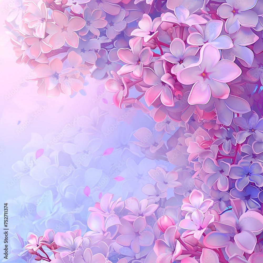 Beautiful Wide Angle soft spring background with lilac flowers. Panoramic pastel floral pink and purple template Web banner. greeting card with Copy Space. Illustration for Albums, notebooks