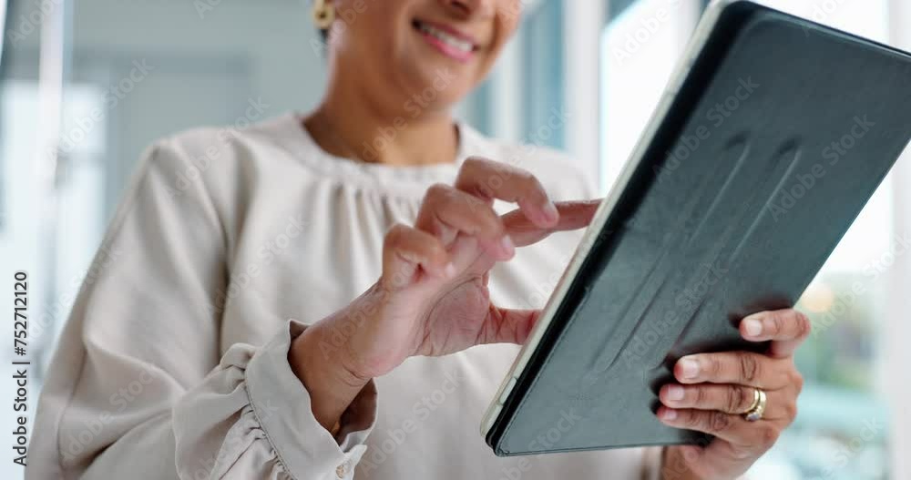 Business woman, tablet and hands for typing in modern office with communication, vision and networking. Person, touchscreen and click with thinking, application and problem solving in workplace Business woman, tablet and hands for typing in modern office with communication, vision and networking. Person, touchscreen and click with thinking, application and problem solving in workplace