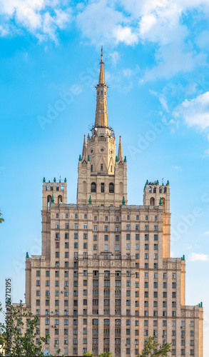 The view on the residential Stalinist high-rise building on Kudrinskaya Square. It is the one of seven Stalinist skyscrapers built in 1947-1954.