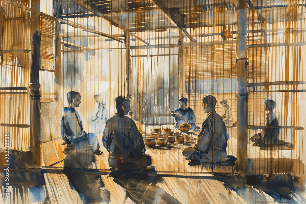 A bamboo screen in a traditional teahouse. The aroma of freshly brewed tea fills the air. - obrazy, fototapety, plakaty 