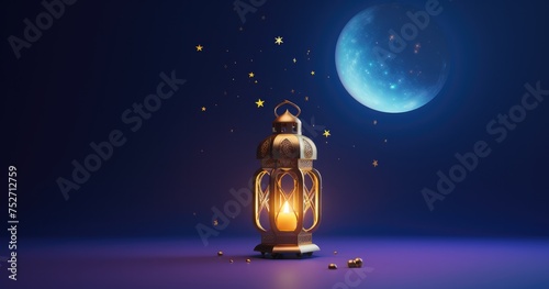 Islamic holiday banner with Ramadan lantern, metal moon and mosque portal.