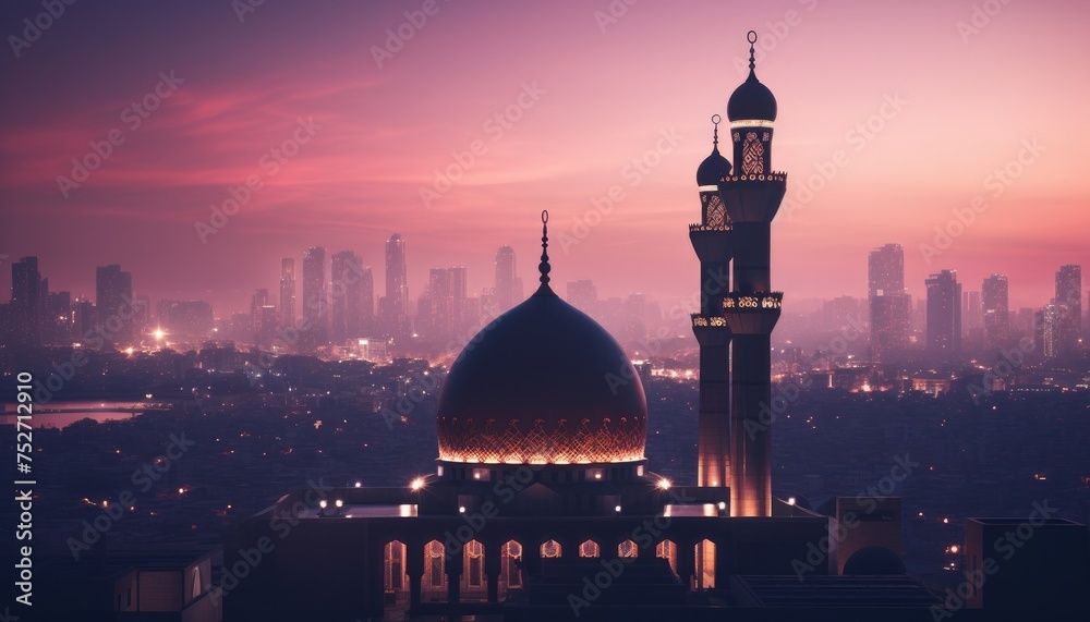 Obraz premium Mosque sunset sky, moon, holy night, islamic night and silhouette mosque.