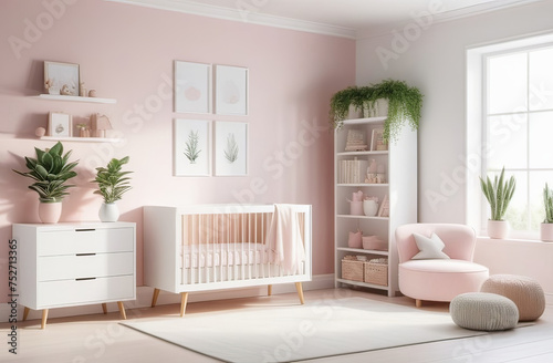 modern styled nursery in pink and peach colors photo