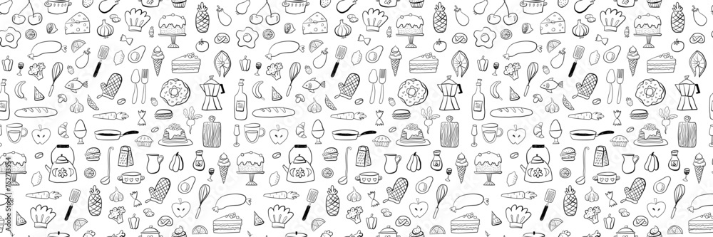 Food and drink outline seamless pattern. Hand drawn kitchen background in black and white. Vector illustration