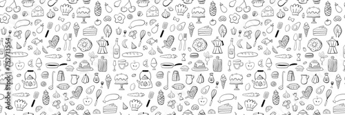 Food and drink outline seamless pattern. Hand drawn kitchen background in black and white. Vector illustration