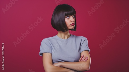 A perplexed lady with a bob haircut, arms crossed, staring off into space, in a grey shirt and jeans, on a ruby backdrop.