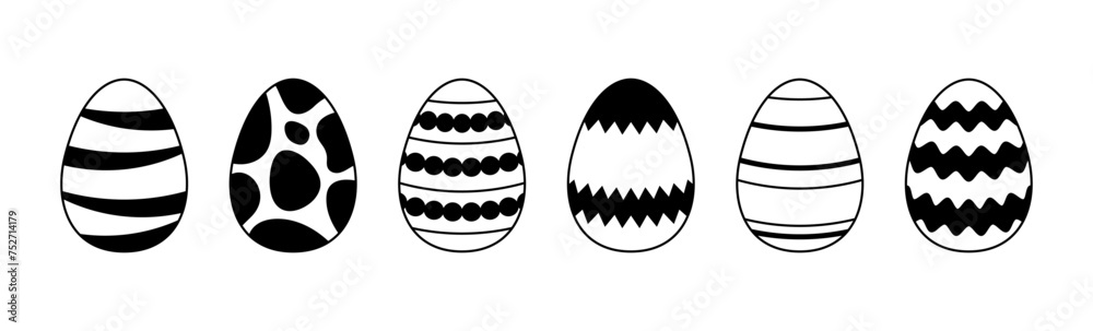 Spring Easter eggs set. Black white egg collection with different ornaments and patterns. Doodle style Easter illustration pack for banner, poster, card, invitation, print, sticker. Vector bundle