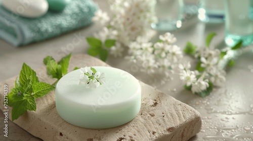 Spa product  a round handmade herbal soap on the table  mint color soap  high-angle view  natural lighting  spa room environment  spa concept. Skin product mockup scene. Cosmetic product
