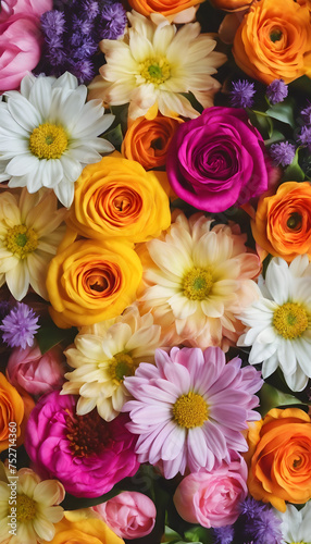 Colorful assorted flowers background, featuring roses and daisies in a vibrant floral arrangement.