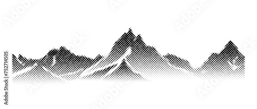 Black halftone mountain range illustration. Grunge textured landscape terrain silhouette. Fading grainy hill chain wallpaper. Grungy dotted mountain peak background. Vector snow vanishing rock terrain