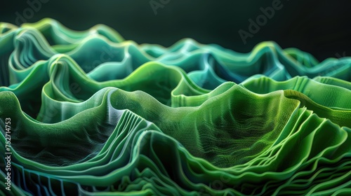 waveform, 3d texture, quilling, shades of green, dark background