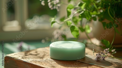 Spa product: a round handmade herbal soap on the table, mint color soap, high-angle view, natural lighting, spa room environment, spa concept. Skin product mockup scene. Cosmetic product