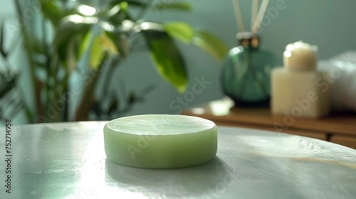 Spa product  a round handmade herbal soap on the table  mint color soap  high-angle view  natural lighting  spa room environment  spa concept. Skin product mockup scene. Cosmetic product