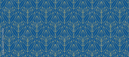 Retro art deco blue and gold seamless pattern. Repeated golden floral leaves motif. Vintage decorative texture for wallpaper, textile, fabric, print swatch. Vector elegant linear ornament backdrop