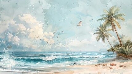 pastel paper style watercolor painting in the style of knolling photography of a white beach with palm trees, some seagulls and crabs and crashing waves