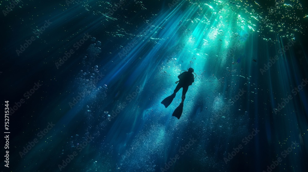 A lone diver silhouetted against the vivid backdrop of blues and greens surrounded by an endless abyss. Rays of light dance through the water giving the illusion of stars