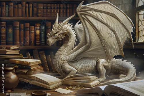 A dragon librarian, spectacles perched on its snout, guards ancient scrolls.