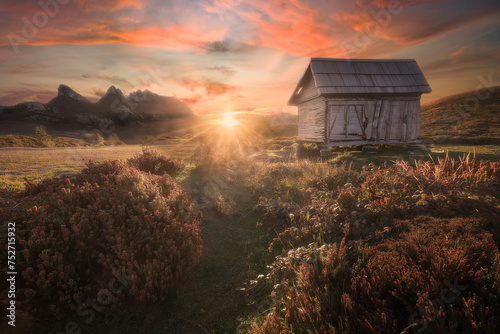 Mercedes cabin, mountain refuge near the Lunada ski resort, Burgos, at dawn